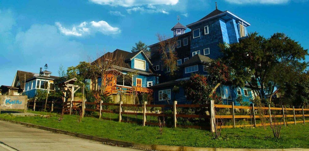 Row of blue houses near the hotel in Puerto Varas