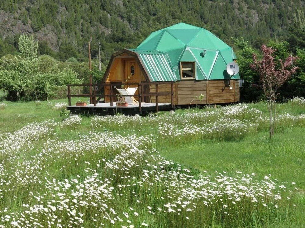 Wooden cabin with a green roof and a deck, surrounded by white flowers