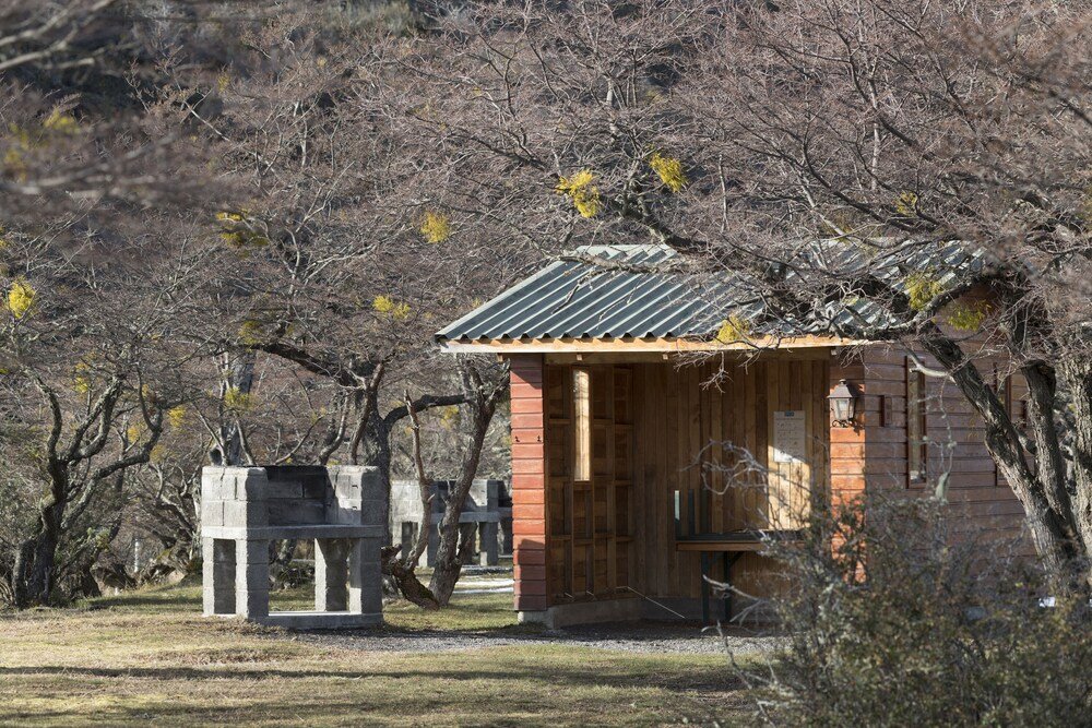 Small wooden cabin with a metal roof among trees