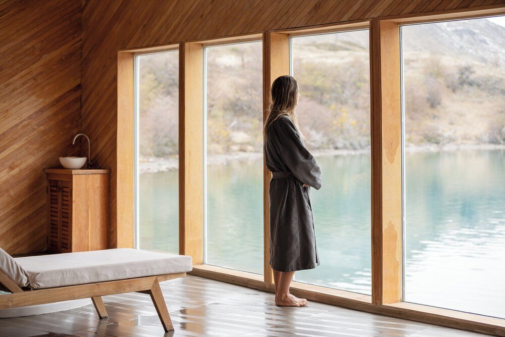 Wooden interior with a large window