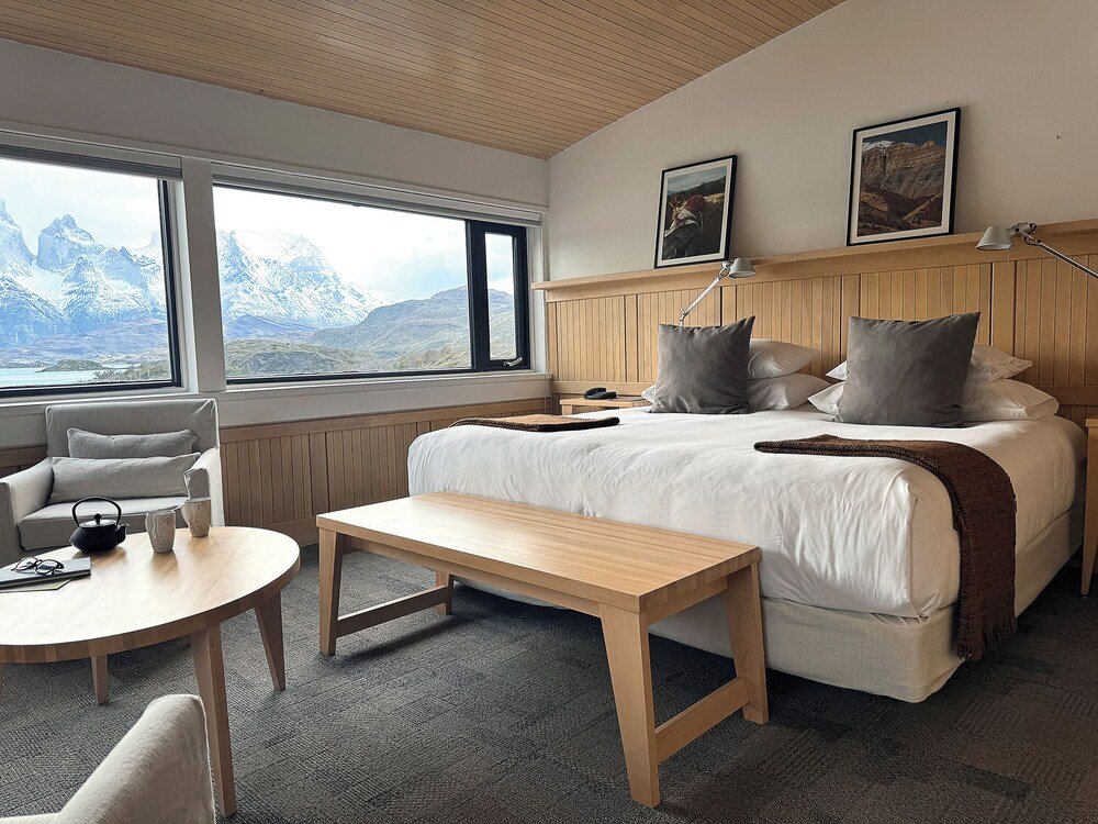 Hotel room with a bed and a desk