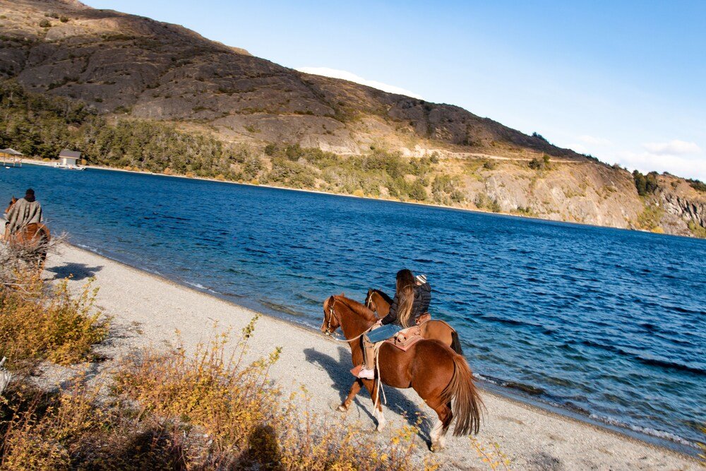 Playa con caballos y una persona montando a caballo