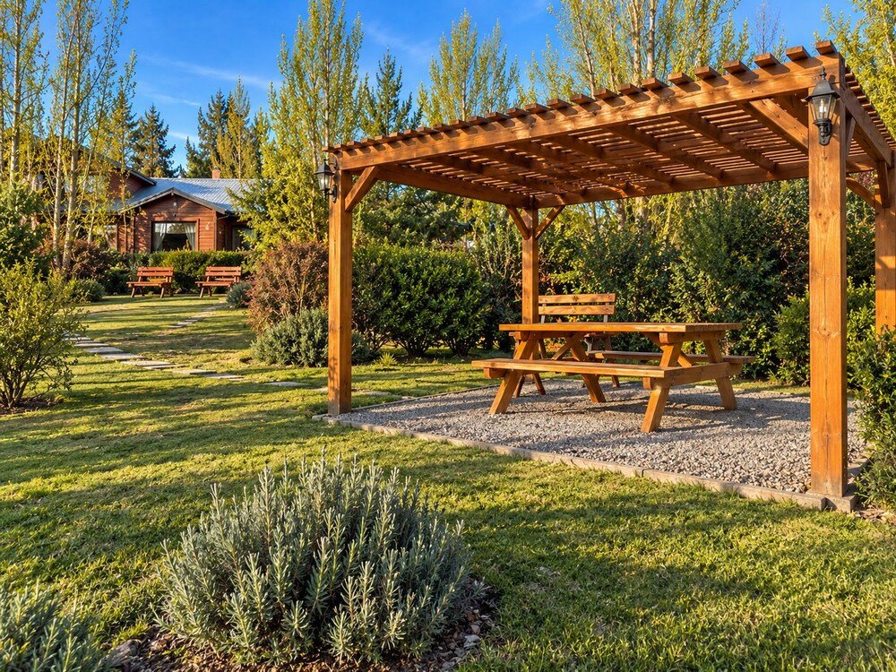 Wooden pergola with a picnic table in a well-kept garden