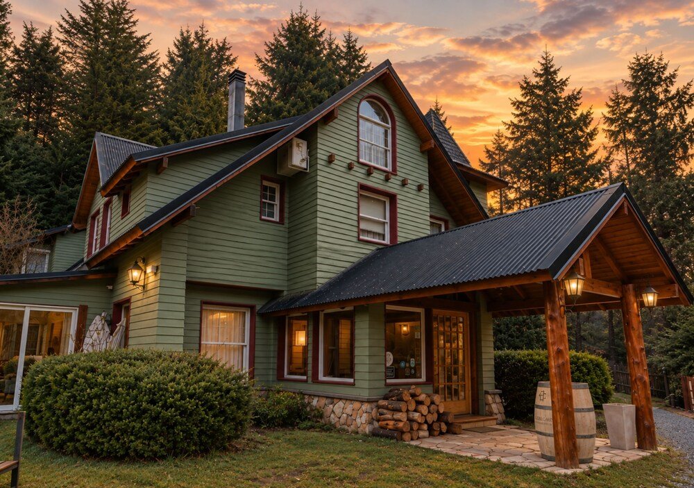 Two-story house with a covered porch and a stone foundation