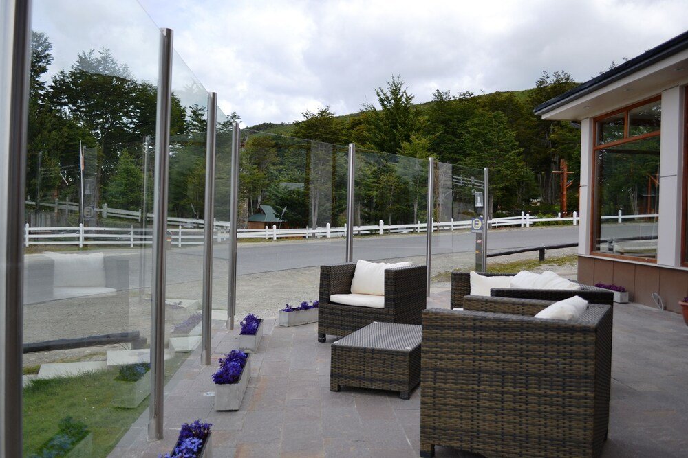 Outdoor seating area with wicker furniture