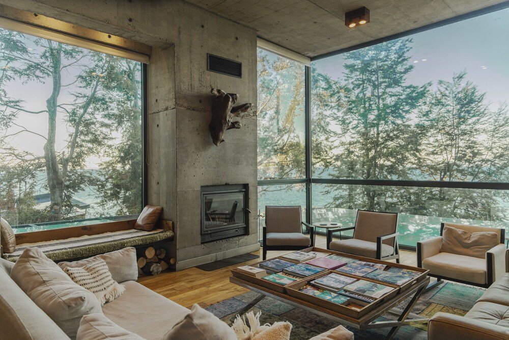 Modern living room with fireplace, large windows and tree views