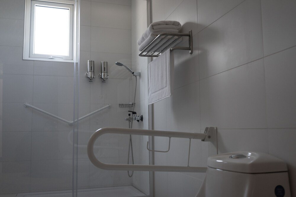 Bathroom with a shower and a toilet at Hotel Kran Kreen