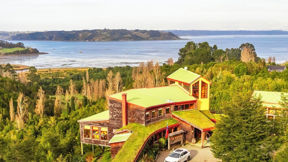 Casa con techo verde entre bosque denso cerca del agua