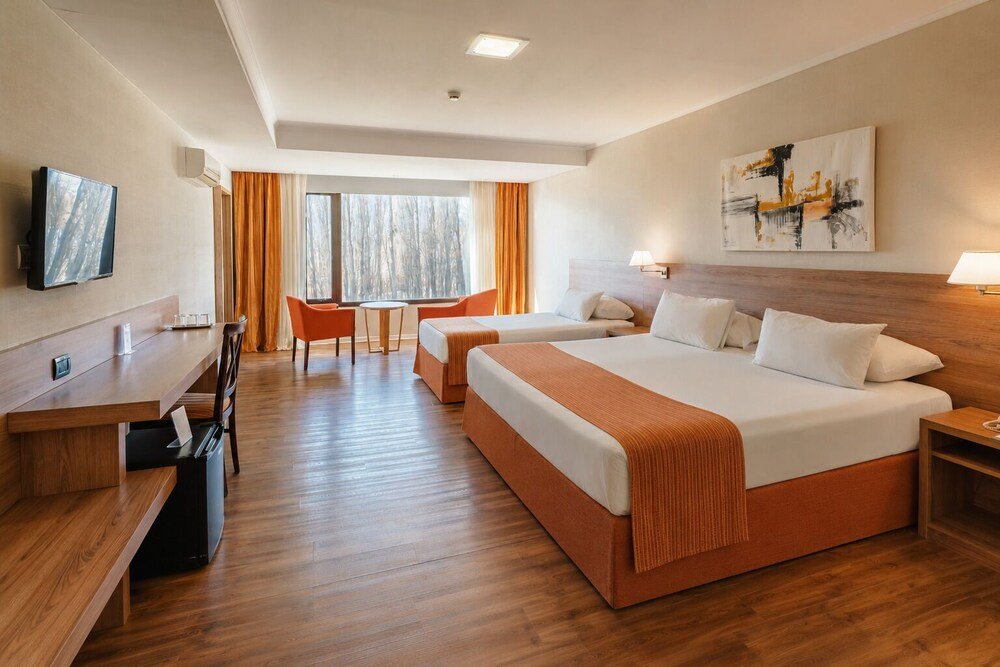 Habitación con cama grande, escritorio y TV